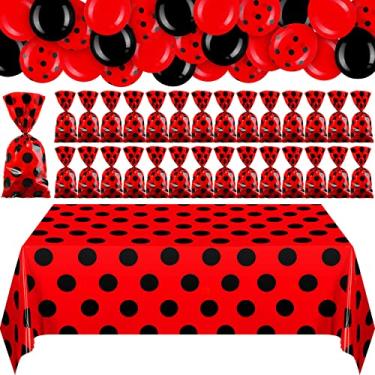 Imagem de 73 peças de suprimentos de festa de joaninha, toalha de mesa de joaninha de 132 x 213 cm, 48 peças, sacos de doces vermelhos para doces com laços torcidos, 24 peças de balão de látex preto vermelho para decoração de aniversário de joaninha
