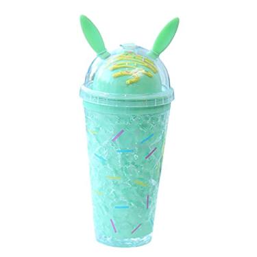 Imagem de seelucky Copo de viagem de coelho com canudo para menina copo de gelo congelador caneca gelada piquenique presente de aniversário (coelhinho verde, 450 ml)