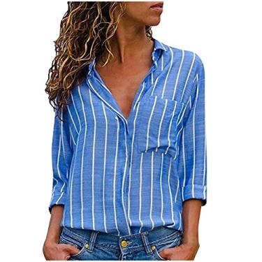Imagem de Camisa de botão feminina de manga comprida, listrada, bolso, lapela, básico, negócios, casual, top, Azul, XXG