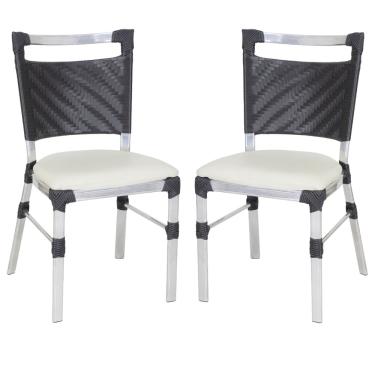 Imagem de 2 Cadeiras Panero em Alumínio, Fibra Sintética com Assento Estofado p/ Área Goumert, Varanda, Sala de Jantar - Preto/Branco