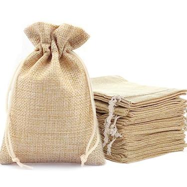 Imagem de ZISUEX 50 peças de sacos pequenos de estopa com cordão, sacos de linho de 12,8 x 18,8 cm, sacos de presente de serapilheira marrom com cordão para festa de casamento de Natal e embalagem de doces