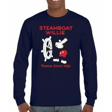Imagem de Camiseta de manga comprida Steamboat Willie Vibing Since 1928 icônica retrô desenho animado mouse atemporal clássico vintage Vibe, Azul marinho, P