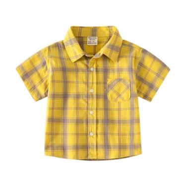 Imagem de Yueary Camisa social xadrez com botões para meninos e crianças, casual, manga curta, bolso de verão, camiseta básica, Amarelo, 100/2-3 Y