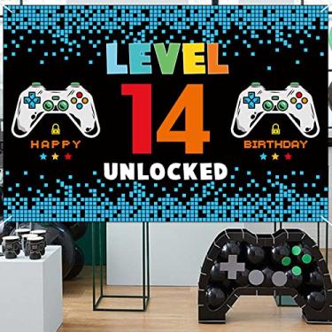 Imagem de 1,2 x 1,8 m Banner de decoração de festa de videogames Happy 14th Birthday Azul e Preto - Nível 14 Desbloqueado Photo Booth Pano de fundo Suprimentos de festa para meninas e meninos
