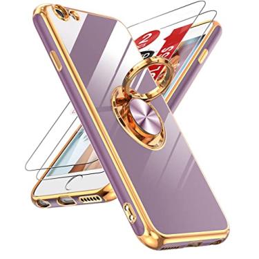 Imagem de LeYi Capa para iPhone 6/6s com película de vidro temperado [2 unidades] suporte magnético giratório de 360°, capa protetora com borda de ouro rosa, roxo