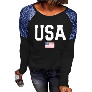 Imagem de Decogiver Camiseta feminina Memorial Day bandeira americana 4 de julho EUA estrelas listras manga longa camisetas patrióticas, Preto-EUA-azul-marinho, G