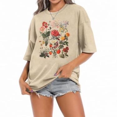 Imagem de Camiseta feminina vintage floral boho solta retrô flores silvestres gráfico jardim botânico amante tops, Caqui, GG