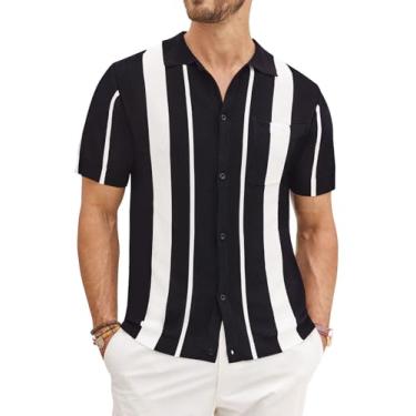 Imagem de Beotyshow Camisa masculina de malha de manga curta vintage listrada polo cubana moda casual camisa de golfe P-XGG, Preto, GG