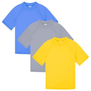 Imagem de BIG ELEPHANT Pacote com 3 camisetas infantis de manga curta Rash Guard com proteção FPS 50+, roupa de banho de secagem rápida, camiseta juvenil rashguard, Azul/cinza/amarelo, XX-Small