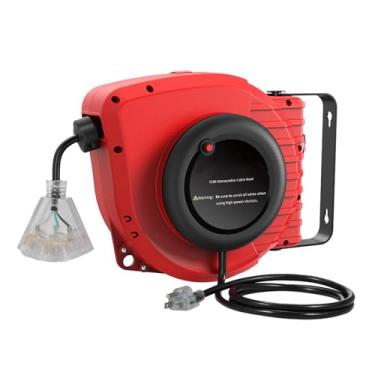 Imagem de SZITW Carretel de cabo de extensão retrátil 50FT + 4,5 (15 + 1,5M) Carretel de cabo de alimentação elétrica 14AWG 13A 3C SJT com tomada tripla aterrada Suporte para parede/teto (giratória de 180°) Rol