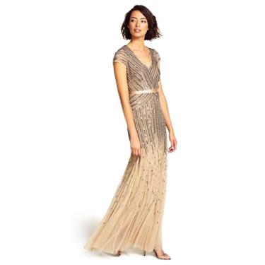 Imagem de Adrianna Papell Vestido feminino longo com contas em V com mangas cavadas e cintura, Nude., 34