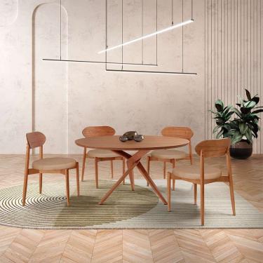 Imagem de mesa de jantar redonda com tampo laminado e 4 cadeiras miami madeira iça linho bege e imbuia