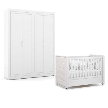 Imagem de Berço Americano com Capitonê New Boucle e Guarda Roupa Tutto New 4 Portas Branco Acetin...