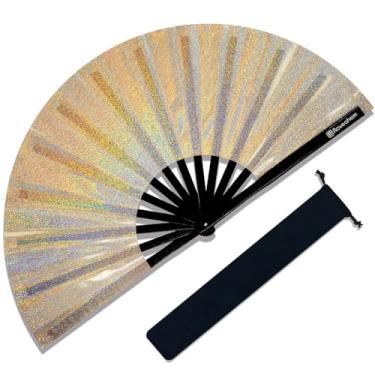 Imagem de Raveahem Ventilador de mão dobrável grande com glitter para homens e mulheres, ventilador de mão para EDM, festival, clube, festa, dança (bege ridescente, 33 cm)