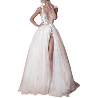 Imagem de Vestidos de noiva sem mangas, uma linha, sexy, duplo, profundo, decote em v, fenda alta, cintura império, apliques, plus size, vestido de noiva branco 34, branco, 52