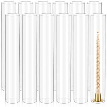 Imagem de 12 peças de manga de castiçal Hurricane, H: 35,5 cm D: 6,3 cm Suporte de vela de cilindro de vidro transparente alto aberto em ambas as extremidades, cobertura de tubo de chaminé, sombra de vela