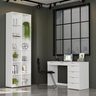 Imagem de Kit 2 Peças Escrivaninha 120 Cm 7 Gavetas com Estante Multiuso 12 Nichos Caracol Branco