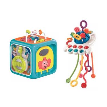 Imagem de Kit Chocalho Pop-it Multissensorial C/ Cubo de Atividades 6 em 1 - Luz