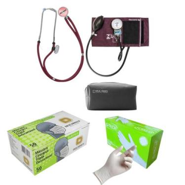 Imagem de Kit medidor de pressão esteto máscara e luvas caixa Bordô P.a med