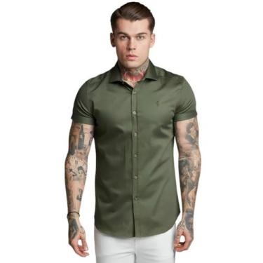 Imagem de Camisa Social Lisa Masculina Manga Curta Slim Fit - Volgue, Verde mili