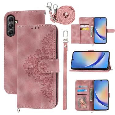 Imagem de Dswteny Capa carteira para Samsung Galaxy A25 5G/A24 4G/M34/F34 com alça de ombro transversal, couro PU em relevo flip slim porta-cartões capa para A 25 25A 24A LTE mulheres meninas rosa