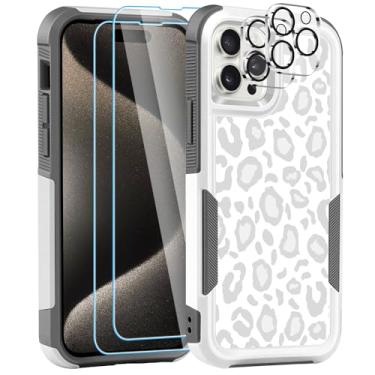 Imagem de LOQUPE [Capa 5 em 1 para iPhone 15 Pro, com 2 protetores de tela + 2 protetores de lente de câmera, capa protetora resistente e resistente, leve, fina à prova de choque para mulheres, leopardo branco fofo