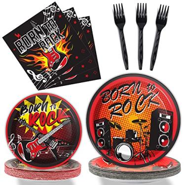 Imagem de Conjunto de utensílios de mesa para festa musical com 96 peças tema de música estrela do rock, artigos de decoração de mesa de aniversário, notas musicais, karaokê, prato de papel, guardanapo, garfo de guardanapo, 24 convidados