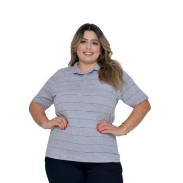 Imagem de Camisa Feminina Gola Polo Listrada Cinza Plus Size - Pthirillo, G2, Ci
