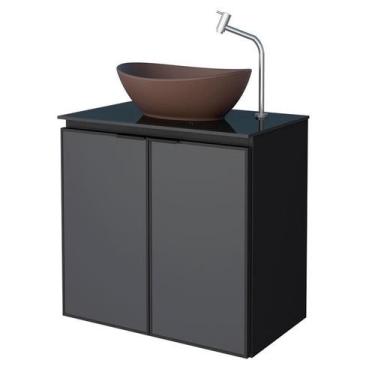 Imagem de Gabinete Para Banheiro Preto Aço Umbu Tampo Vidro Com Cuba Bali Marrom