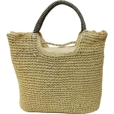 Imagem de Bolsa de Palha Trançada Bege Praia Piscina Elegante Verão Viagem - Art