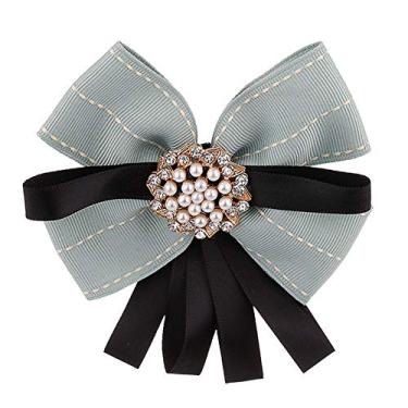 Imagem de FASELE Broche de pérola pré amarrado no pescoço broche com clipe de fita xadrez gravata borboleta para mulheres festa de casamento, 11W*10.5L, Alumínio, Cristal