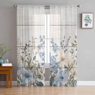 Imagem de Cortinas de janela translúcidas florais, plantas vintage, cortina de grão de madeira, bolso para haste, voile, casa de fazenda, tratamento de janela botânico para sala de estar, quarto, 132 cm L x 213