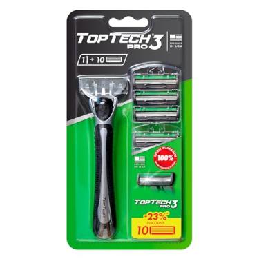 Imagem de Aparelho de Barbear Masculino Toptech PRO 3 - Barbeador Manual com Cartuchos Refil - Pacote com 10 Unidades (1 Cabo + 9 Refis) - Tecnologia de 3 Lâminas - Lâminas Afiadas - Refil Econômico