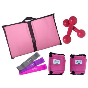 Imagem de Kit Tornozeleira 6KG Nylon Rosa + Halteres 6KG Rosa + Colchonete Dobra