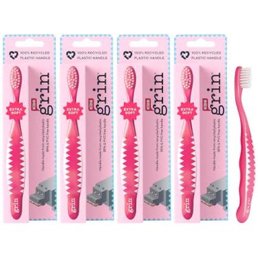 Imagem de Grin Escova de dentes infantil 100% reciclada, extra macia, 4 unidades, rosa, cuidados delicados para bebês e crianças pequenas