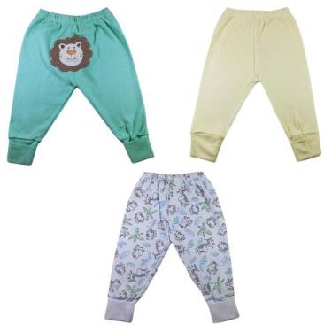 Imagem de kit Mijão Calça De Bebe Liso Bordado Estampado Menino 3 Pçs Vira Pe Pa