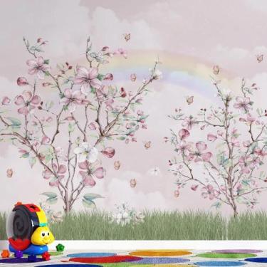 Imagem de Papel de Parede jardim encantado árvores flores rosas em aquarela - Al