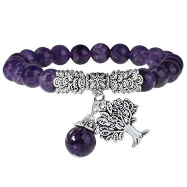 Imagem de Pulseira Nupuyai com pedra de árvore da vida unissex, elástica com 7 chacras, pulseira de pulso para homens e mulheres Roxa