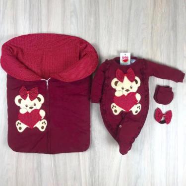 Imagem de Saída maternidade bebê menina com saco de dormir bodado ursa coração m
