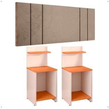 Imagem de Kit Quarto 2 Mesinhas Lateral Fantasy Off White/Cinamomo Prateleira Nicho Cabeceira Luana Suspensa Cama Box Casal 1,40 Bege Suede - Lojas RPM