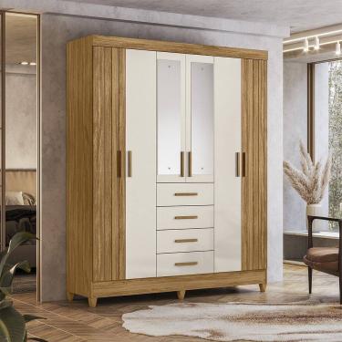 Imagem de Guarda Roupa Roupeiro Aruba 6 Portas 4 Gavetas com Espelho Freijó Off White Moval