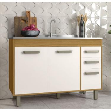 Imagem de Balcão Para Pia Malta 120m 3 portas 2 Gavetas Sem Tampo - Freijó/ Off Acetinado Poliman