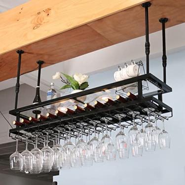 Imagem de Rack de vinho suspenso com luzes, suporte de vidro e prateleira, barra de teto de metal ajustável, suporte de garrafa de vinho montado no teto industrial de 2 camadas, prateleira de vinho