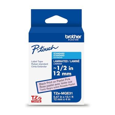 Imagem de Brother Fita genuína P-Touch TZeMQE31, fita laminada padrão de 1,2 cm de largura, preta em rosa pastel, laminada para uso interno ou externo, resistente à água, 12 mm x 8 m, TZEMQE31