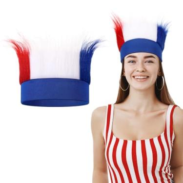 Imagem de Luinabio Peruca cabeluda divertida chapéu maluco troll fantasia acessório para mulheres e homens, semana espiritual, Halloween, cosplay, eventos esportivos, Vermelho, azul, branco