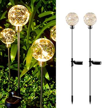 Imagem de CUTPOIY 2 peças de luzes solares de palheta esférica, luz de jardim ao ar livre, luz de gramado de fio de cobre LED, luminária de chão decorativa à prova d'água com estaca, 10 cm