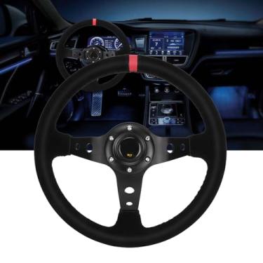 Imagem de Volante de Corrida Automotivo Universal de 35 Cm / 14 Polegadas Com Buzina Vermelho Azul Amarelo Estrutura de Alumínio de Reposição de Couro Coberto Confortável (Vermelho)
