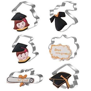 Imagem de 6 cortadores de biscoito de graduação, moldes de aço inoxidável, cortadores de biscoito de graduação, incluindo moldes para crachás, certificados, batas, chapéus médicos, cortadores de biscoito para