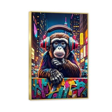 Imagem de Arte de parede de macaco grande Street Graffiti Canvas Wall Decor Dj Thinking Monkey Colorful Picture Framed Art Prints Banksy Poster decoração de quarto para homens 45x30cm (45.7x30.5 cm) moldura
