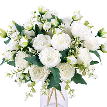 Imagem de Floweroyal 2 cachos de flores artificiais de peônia, flores brancas, buquês de peônias de seda para mesa de festa de casamento, arranjos florais e decoração de cozinha